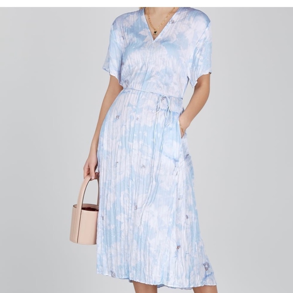 Vince Painted Magnolia Midi Crinkle Dress Floral Cottagecore Breezy Nature